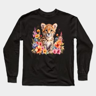 A baby cheetah decorated with beautiful watercolor flowers Long Sleeve T-Shirt